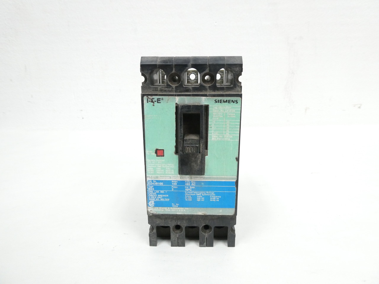 Siemens ED43B100 Circuit Breaker, Type ED4, 100 Amp, Pole