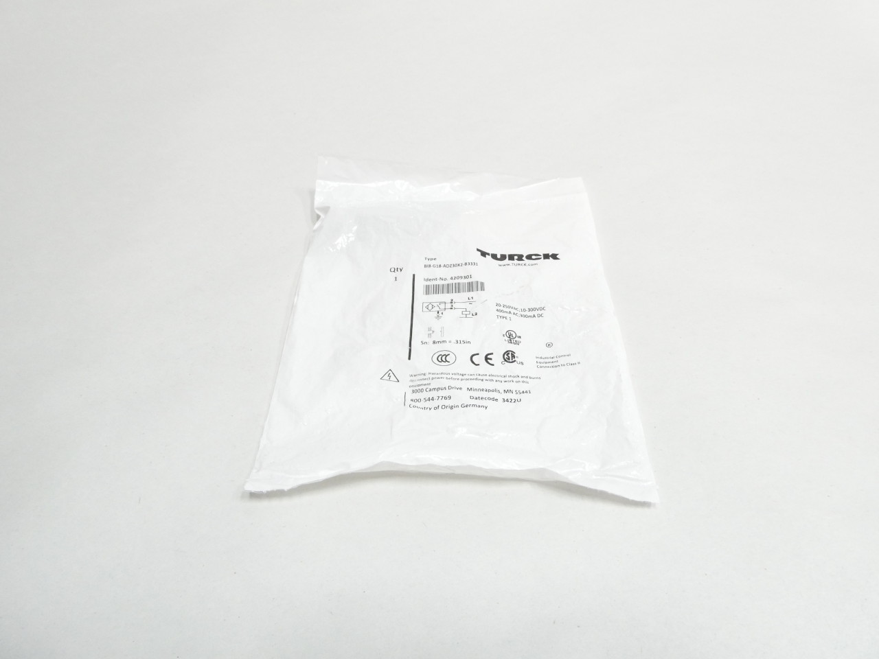 TURCK BI10 G30 RZ3X B3131 (4373390), 1 LED, 10MM RANGE, 20 250 VAC / 10 300 VDC, 2 WIRE AC/DC, 3 PIN, 30MM SIZE, EMBEDDABLE, FULL THREAD, INDUCTIVE, MICROFAST 1/2" MALE/METAL, NORMALLY CLOSED, SENSOR