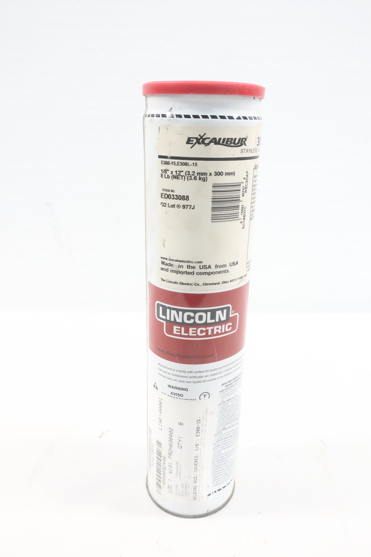 1/8" X 12" E308/E308L-15 Lincoln Electric Excalibur 308/308L-15 Stainless Steel Stick Electrode 8 Easy Open Can, Pack Quantity - 8